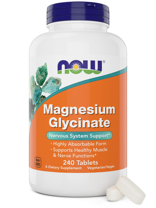 NOW Foods Magnesium Glycinate tablets front view for muscle and nerve support.