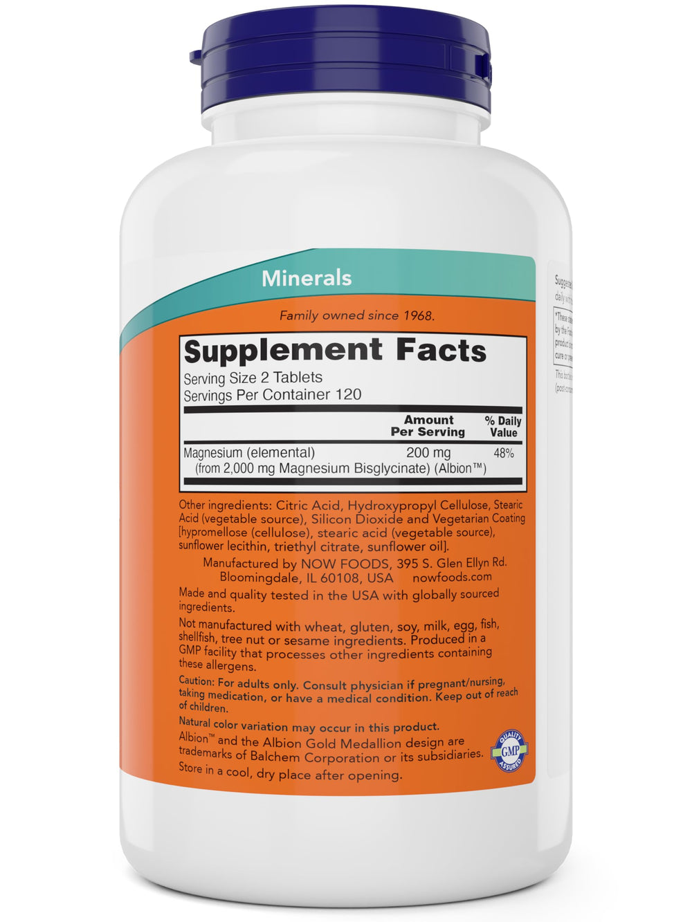 NOW Foods Magnesium Glycinate produced in the USA by a family-owned brand.