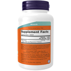 NOW Foods Magnesium Malate 1000 mg label close-up showing dosage; may support energy metabolism