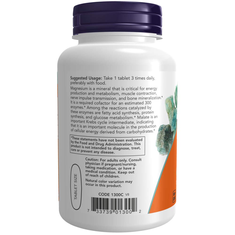 NOW Foods Magnesium Malate 1000mg tablets close-up for high-potency supplement
