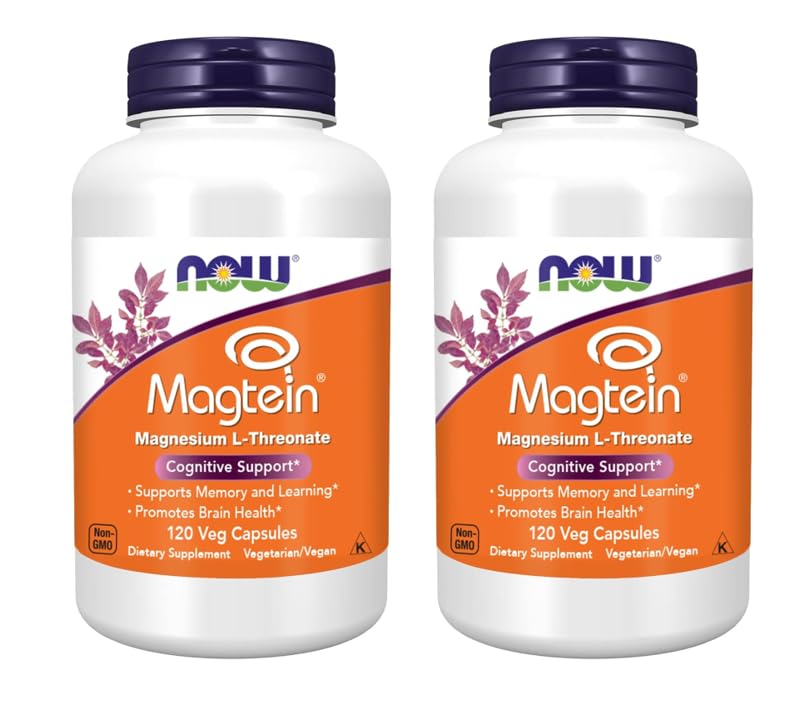 NOW Foods Magtein bottle with capsules for convenient cognitive support.