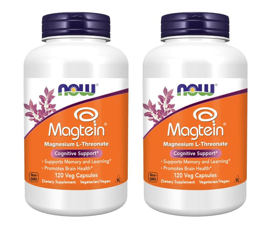 NOW Foods Magtein bottle with capsules for convenient cognitive support.