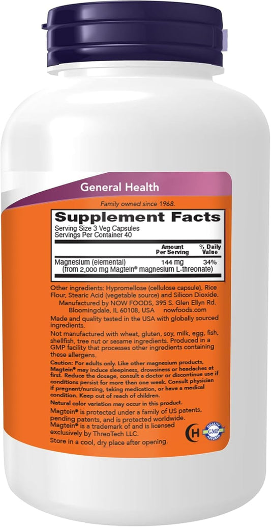 Close-up of NOW Foods Magtein capsules highlighting brain-friendly formula.