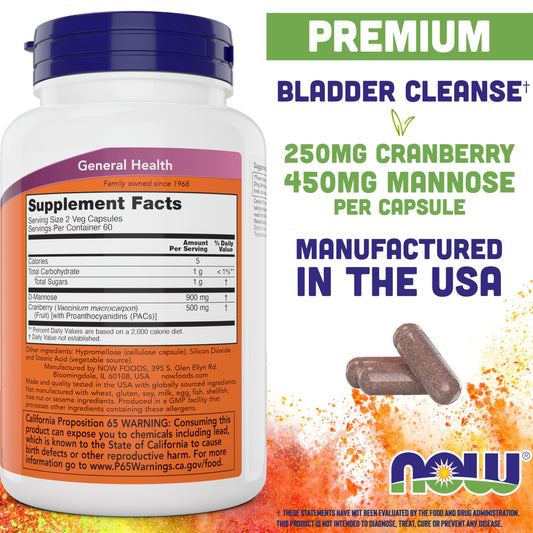 NOW Foods Mannose Cranberry label close-up shows PAC and D-Mannose for UT support