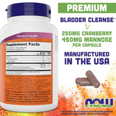 NOW Foods Mannose Cranberry label close-up shows PAC and D-Mannose for UT support