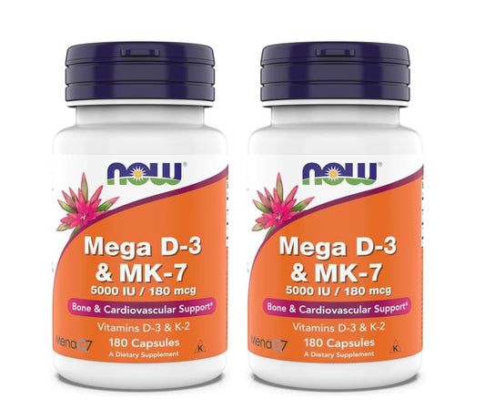 NOW Foods Mega D-3 & MK-7 bottle front view for bone and arterial support.