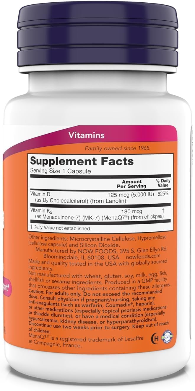 NOW Foods Mega D-3 & MK-7 capsules close-up suitable for daily supplementation.