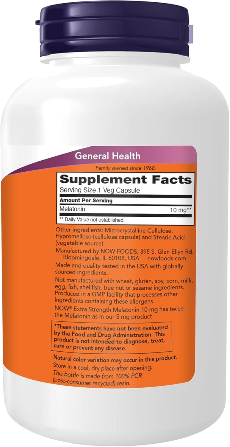 NOW Foods Melatonin capsules close-up showing 10 mg dosage for bedtime routine.
