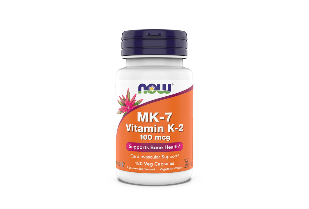 NOW Foods MK-7 bottle front with label visible, supports arterial health and bone health.