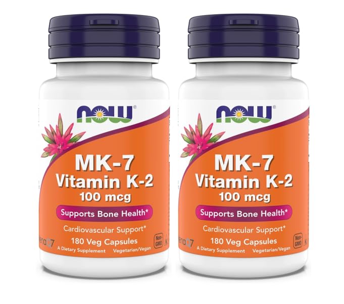 NOW Foods MK-7 bottle label highlights vitamin K-2 for bone and arterial support