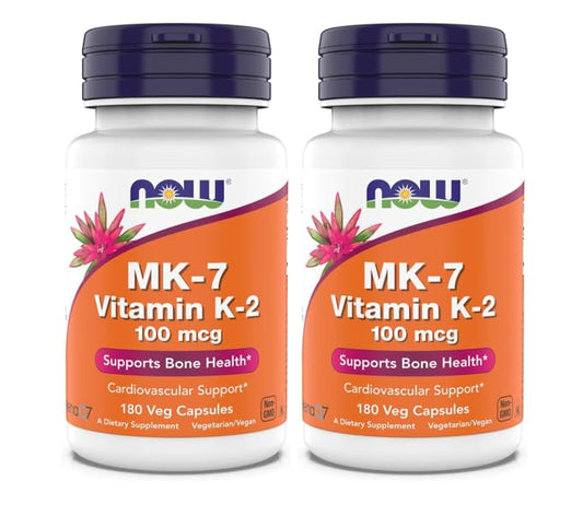 NOW Foods MK-7 bottle label highlights vitamin K-2 for bone and arterial support