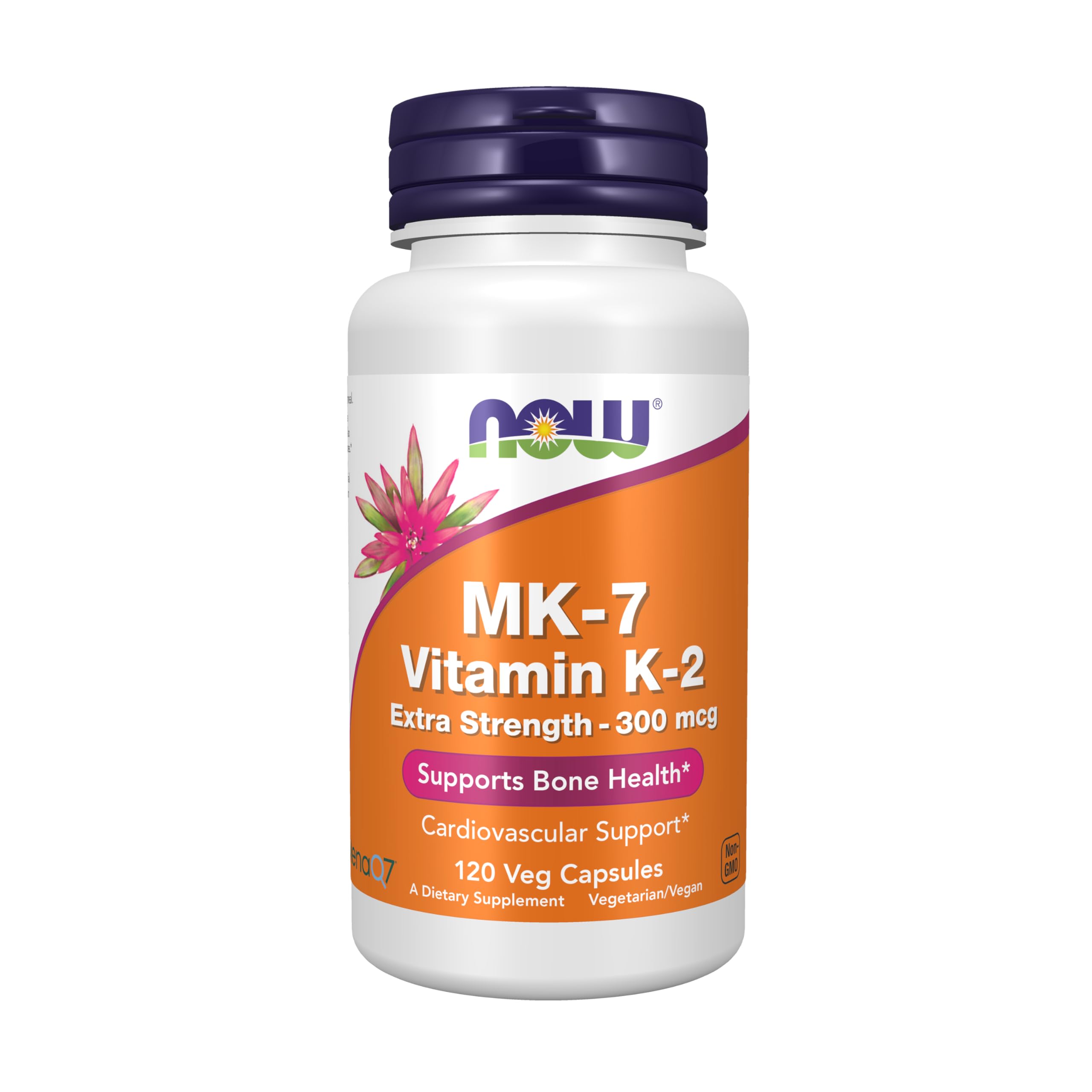 NOW Foods MK-7 bottle pour highlighting potential for bone and arterial support.