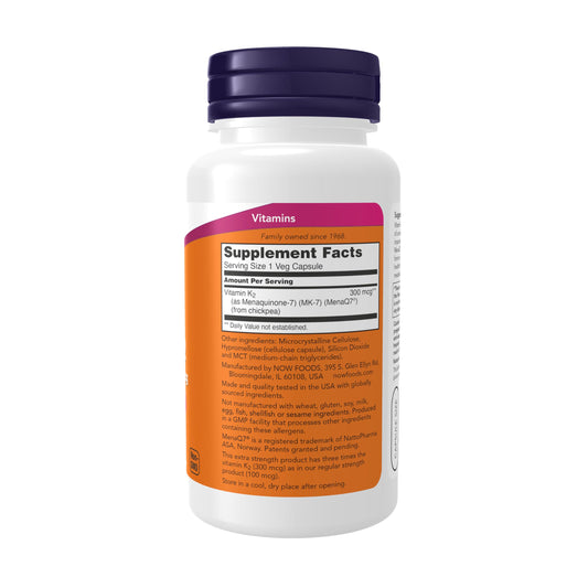 NOW Foods MK-7 capsules close-up, showcasing vegan, easy-to-swallow capsules.