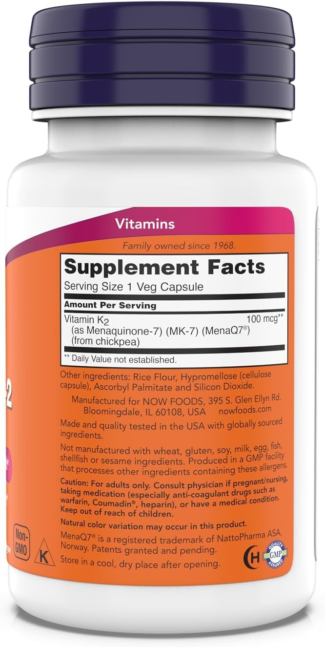 NOW Foods MK-7 capsules close-up shows vegan, soy-free K-2 for bone support