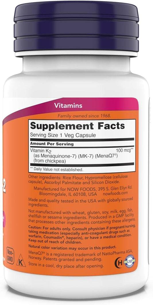 NOW Foods MK-7 capsules close-up shows vegan, soy-free K-2 for bone support