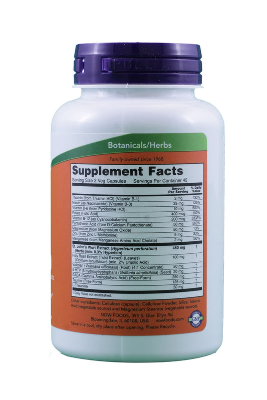 NOW Foods Mood Support capsules close-up highlighting the herbal blend for calm.