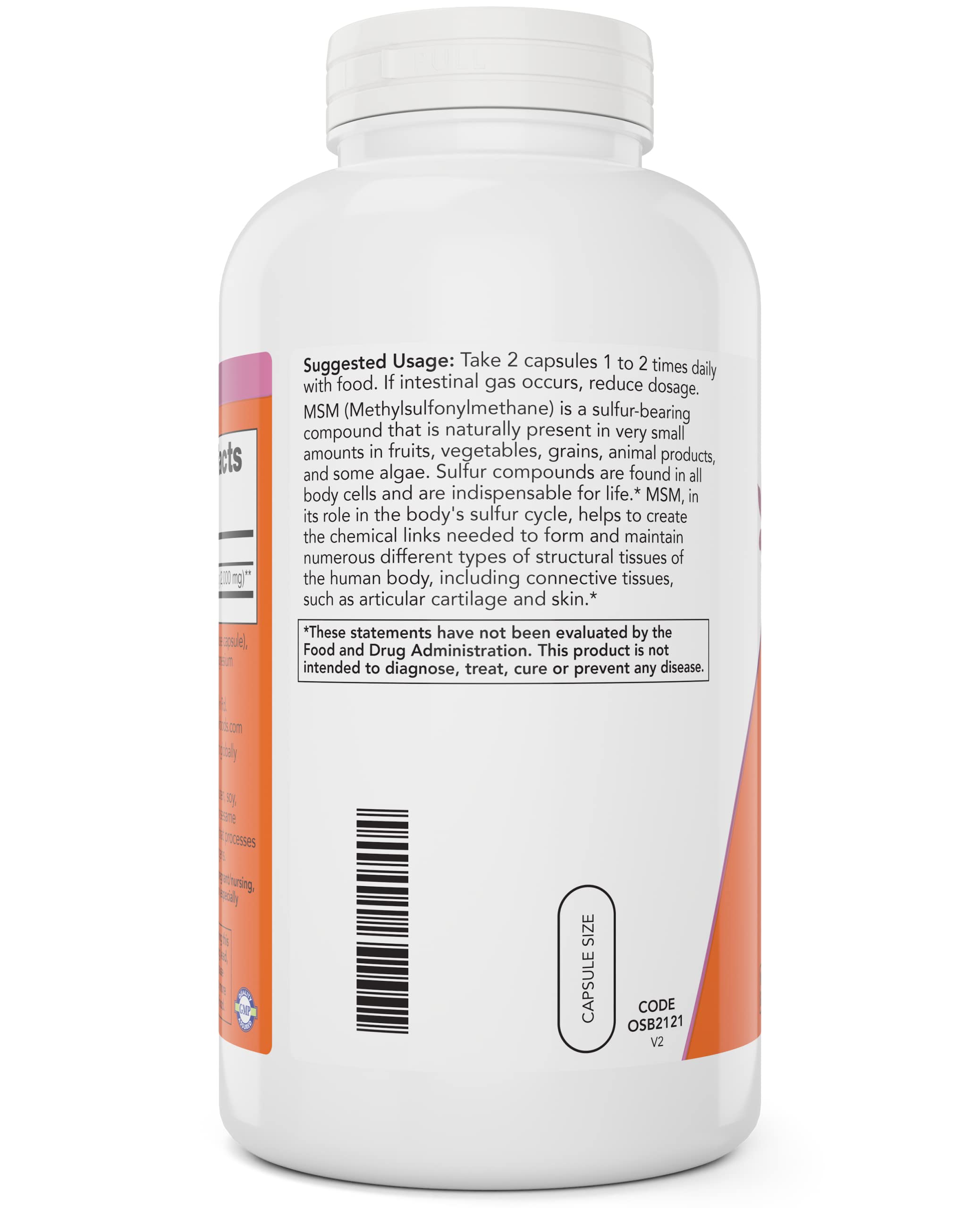 NOW Foods MSM 1000 mg capsules closeup with easy-to-swallow cap design