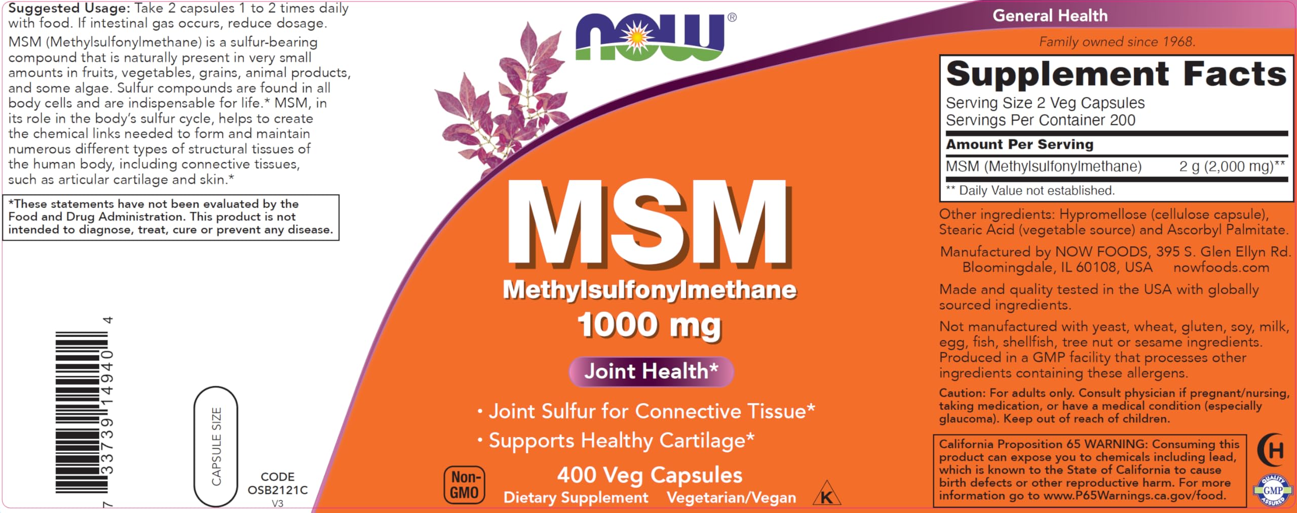 NOW Foods MSM capsules inside container for easy daily dosing