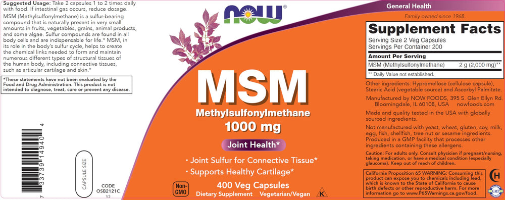 NOW Foods MSM capsules inside container for easy daily dosing