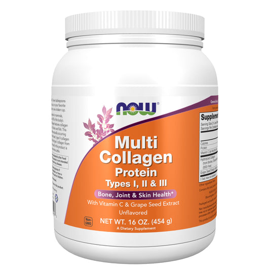 NOW Foods Multi Collagen bottle showing three-source blend for joints and skin