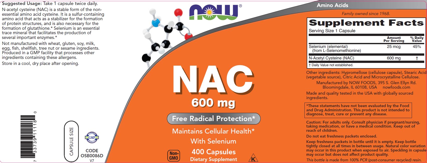 Now Foods NAC 600 mg packaging on shelf in a retail setting.