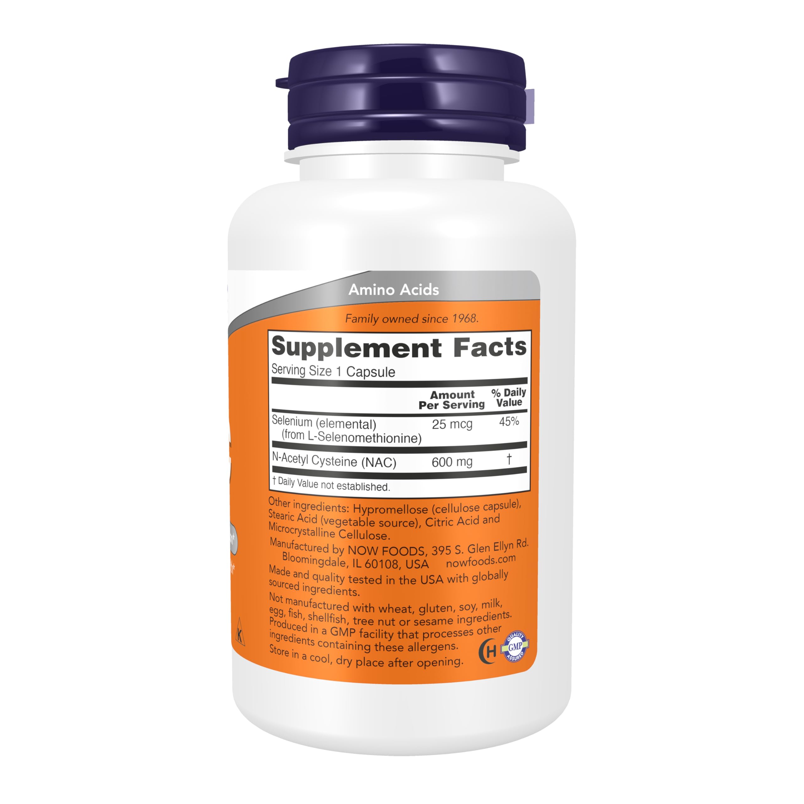 NOW Foods NAC capsules closeup highlights 600 mg strength for antioxidant potential.