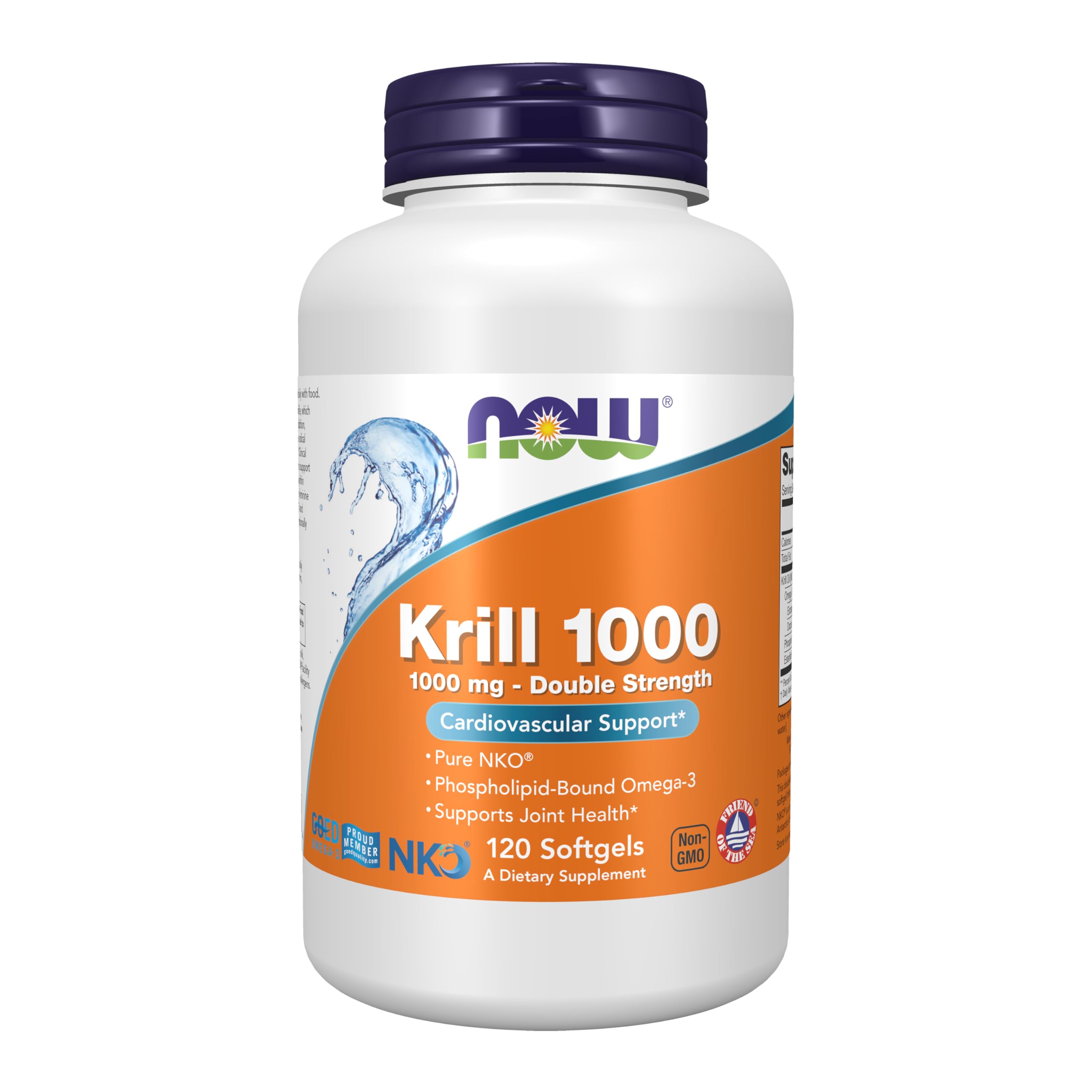 NOW Foods Neptune Krill Oil bottle-front shows double-strength softgels for joint support.