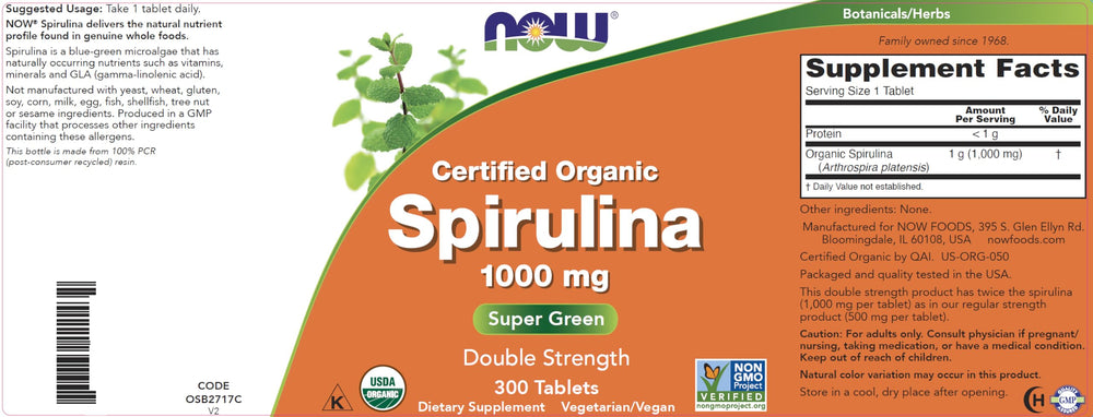 NOW Foods non-GMO label on spirulina bottle emphasizing purity.