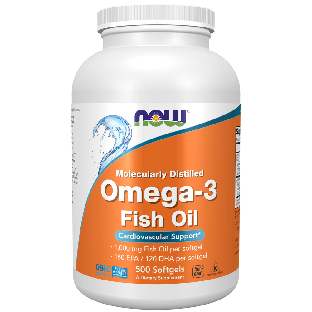 NOW Foods Omega-3 bottle with 1,000 mg softgels for daily heart support