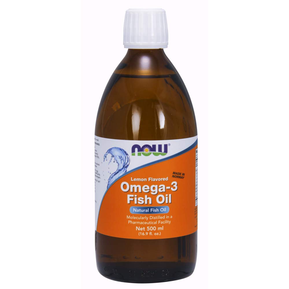 NOW Foods Omega-3 Fish Oil Liquid lemon bottle promotes easy daily omega-3 intake with lemon flavor