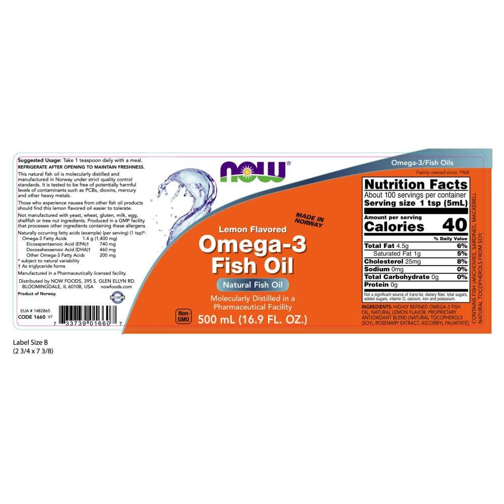 NOW Foods Omega-3 Fish Oil Liquid lemon bottle pour demonstrates convenient dosing and smooth taste