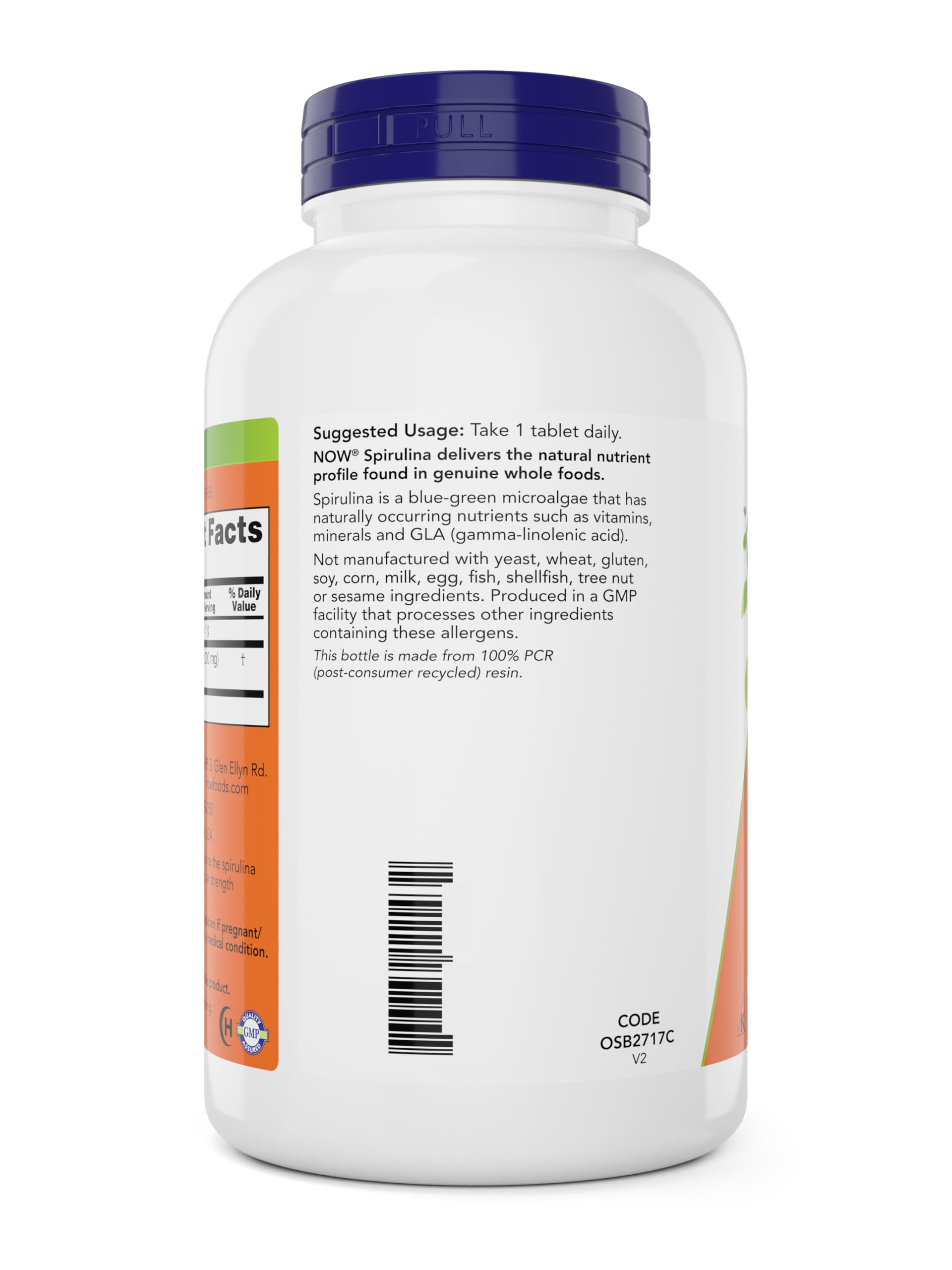 NOW Foods organic certification label on spirulina packaging.
