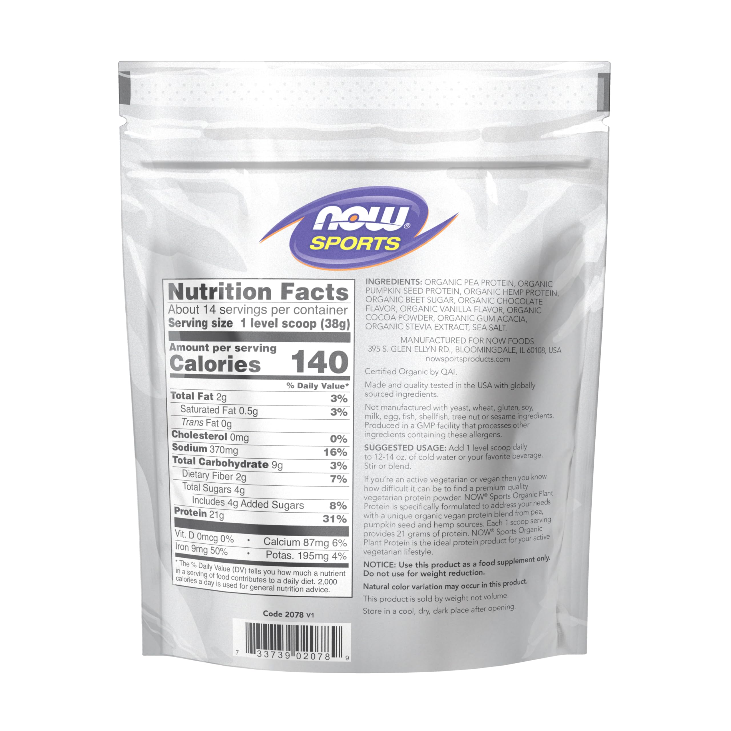 NOW Foods Chocolate Plant Protein scoop illustrating convenient daily serving