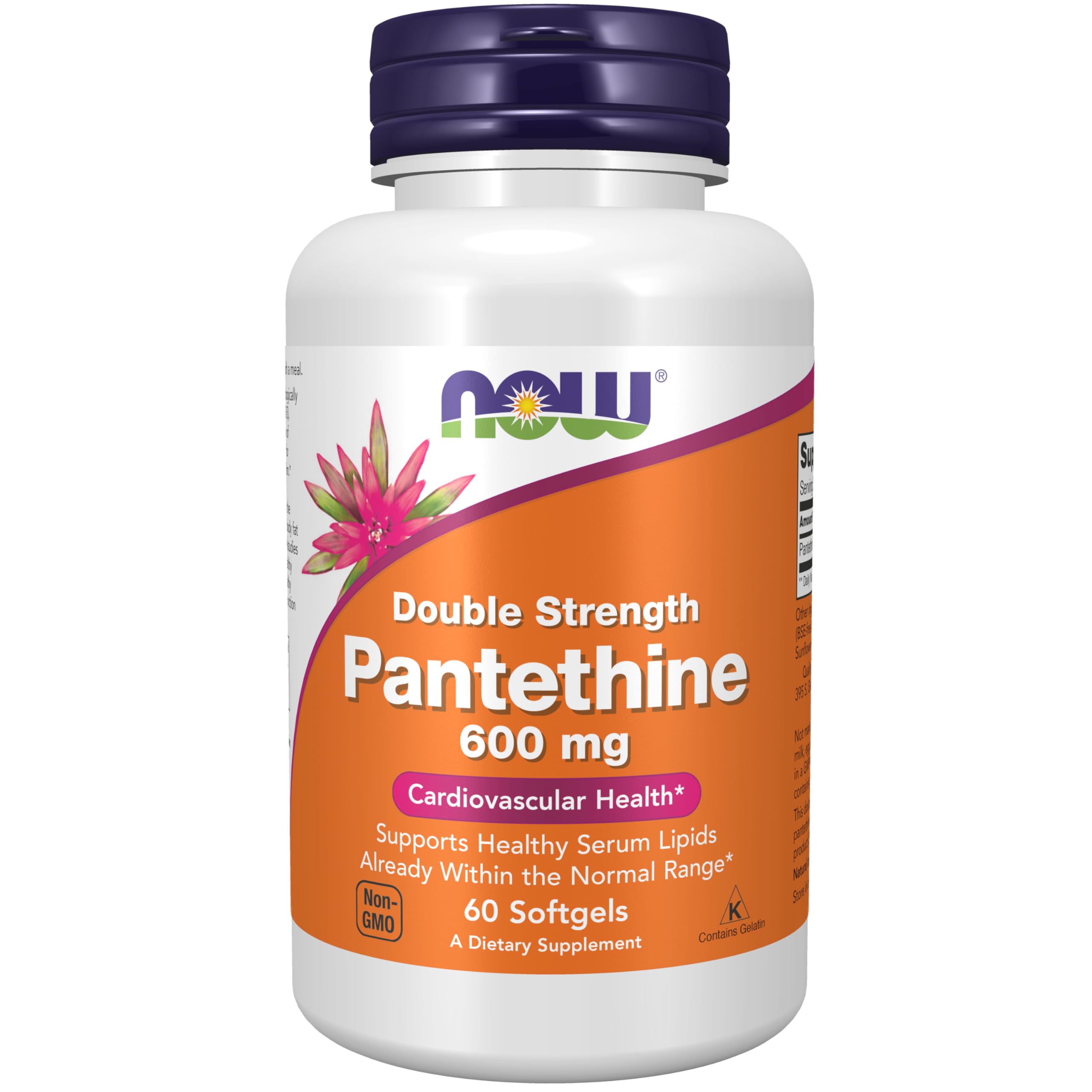 NOW Foods Pantethine 600 mg bottle showing double-strength formulation for lipid metabolism.