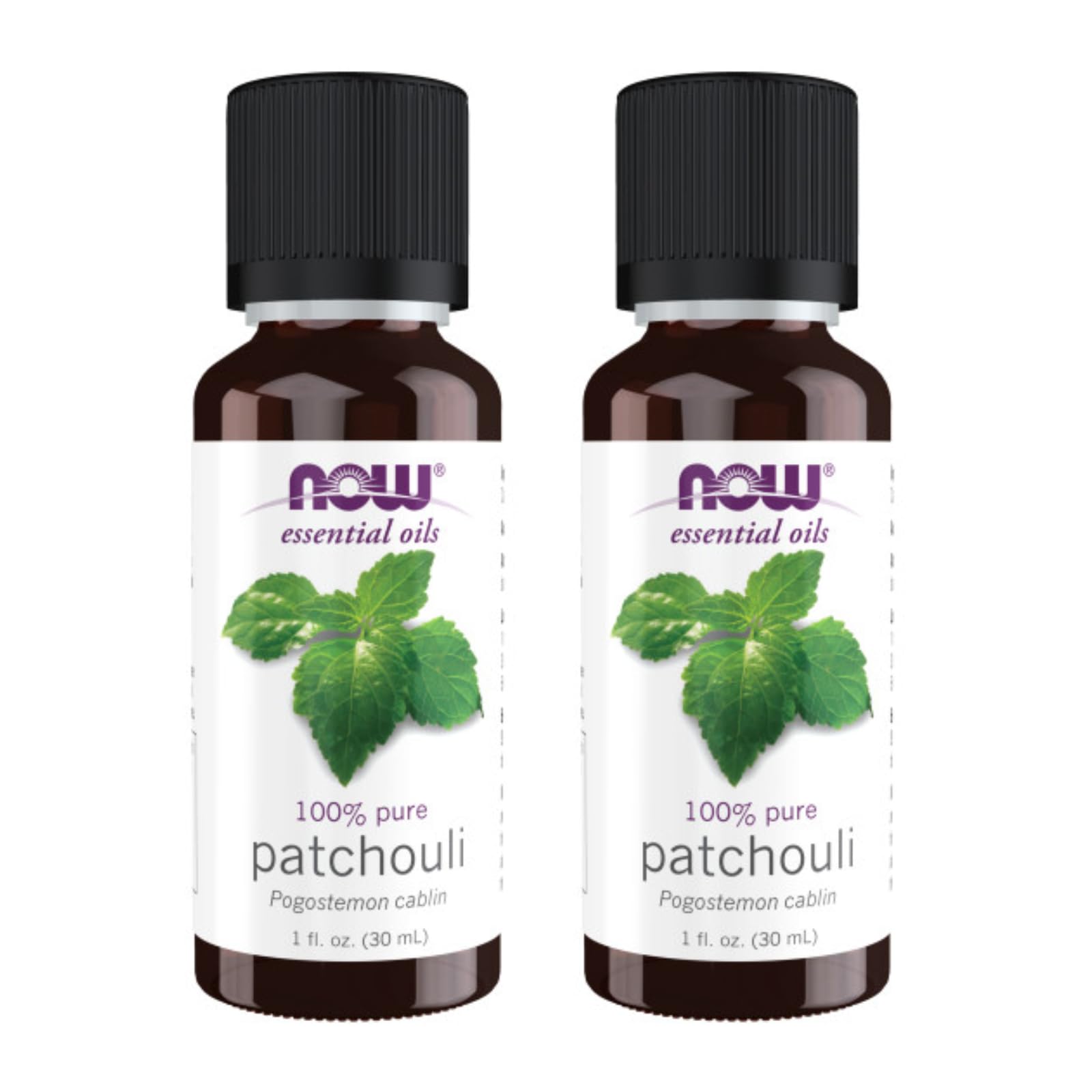 NOW Foods Patchouli oil bottle, steam distilled, ideal for aromatherapy and mood grounding.