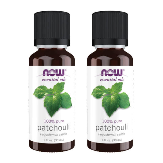 NOW Foods Patchouli oil bottle, steam distilled, ideal for aromatherapy and mood grounding.
