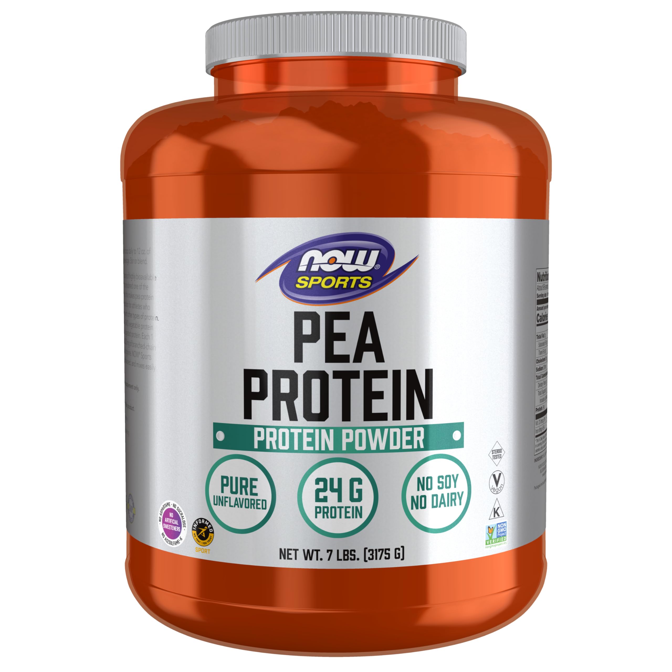 NOW Foods Pea Protein bottle label highlighting plant-based protein.