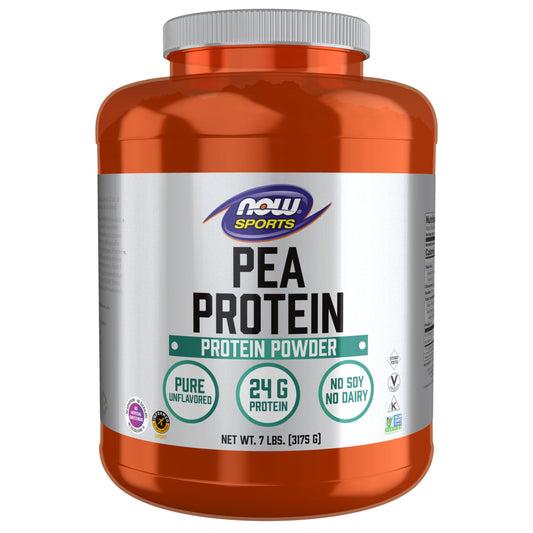 NOW Foods Pea Protein bottle label highlighting plant-based protein.
