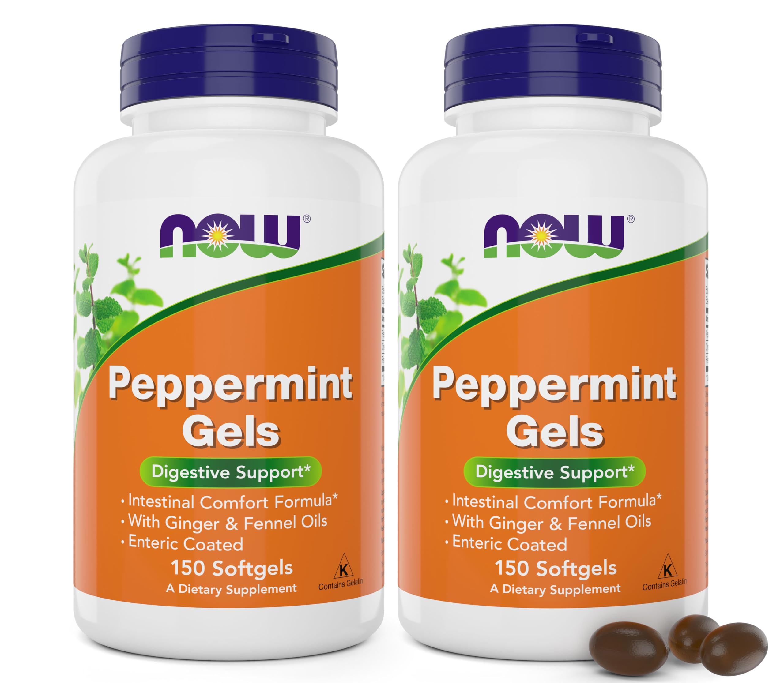 NOW Foods Peppermint Gels enteric-coated bottle with ginger and fennel oils for gentle digestive support.