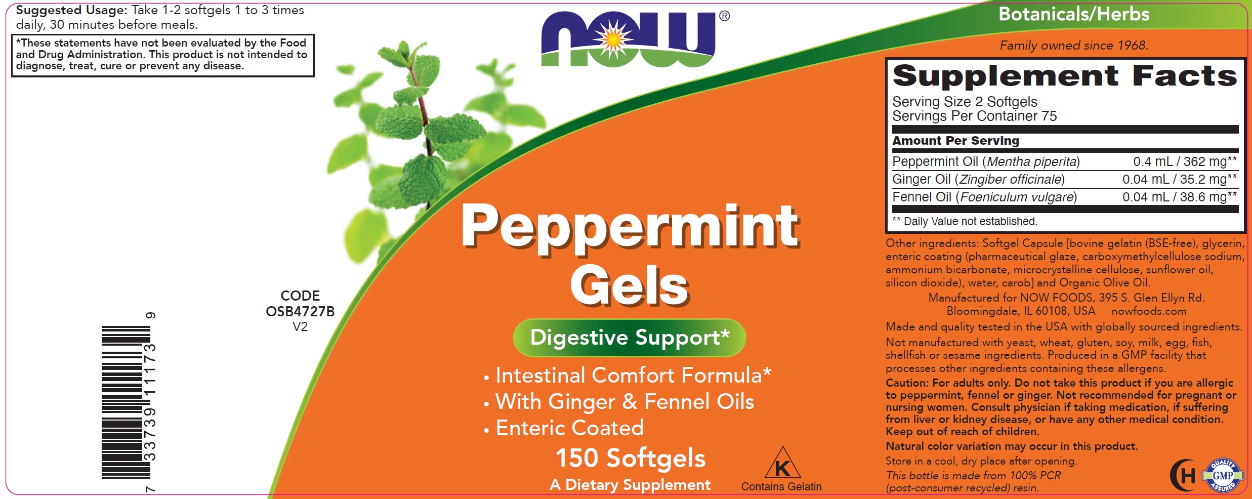 NOW Foods Peppermint Gels label art highlighting peppermint ginger and fennel oil synergy for digestive balance.