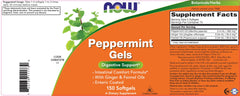 NOW Foods Peppermint Gels label art highlighting peppermint ginger and fennel oil synergy for digestive balance.