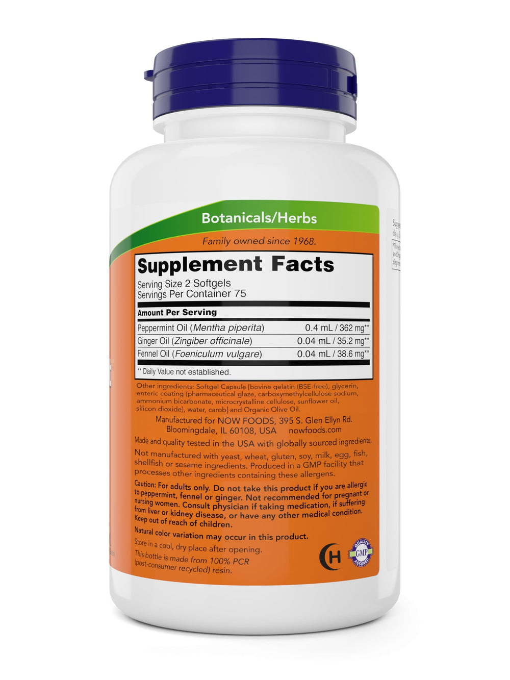 NOW Foods Peppermint Gels pack-of-2 display box emphasizing value and two-softgel servings for daily routine.