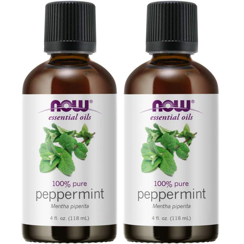NOW Foods peppermint oil bottle front, pure essential oil for uplifting aroma and mood