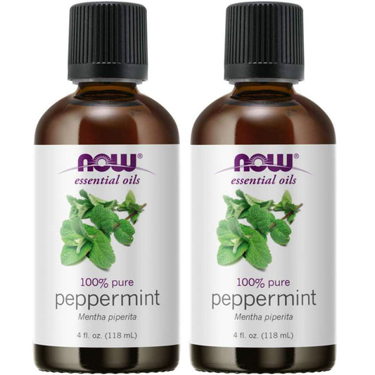 NOW Foods peppermint oil bottle front, pure essential oil for uplifting aroma and mood