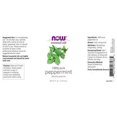 NOW Foods peppermint oil label closeup, purity and steam-distilled origins