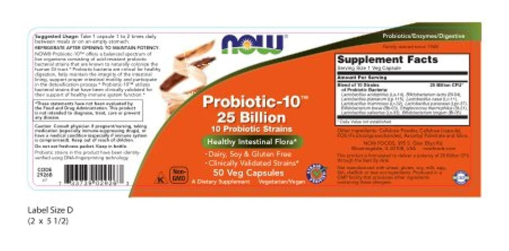 NOW Foods Probiotic-10 bottle back shows dosage for easy daily supplementation.