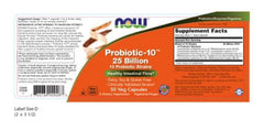 NOW Foods Probiotic-10 bottle back shows dosage for easy daily supplementation.
