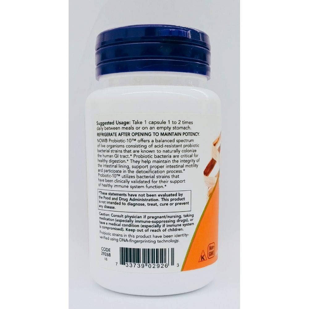 NOW Foods Probiotic-10 capsules close-up highlighting 25 billion CFU per serving.