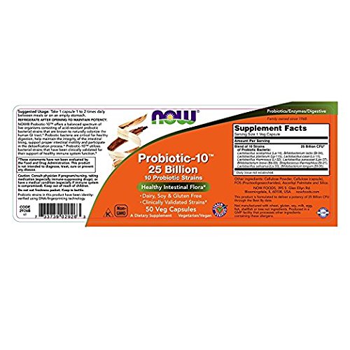 NOW Foods Probiotic-10 capsules with 25B CFU for gut balance.
