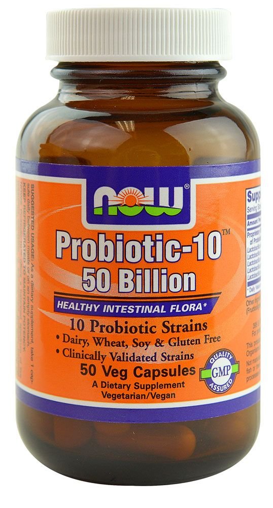 NOW Foods Probiotic 10-50 Billion bottle label, supports daily gut balance.